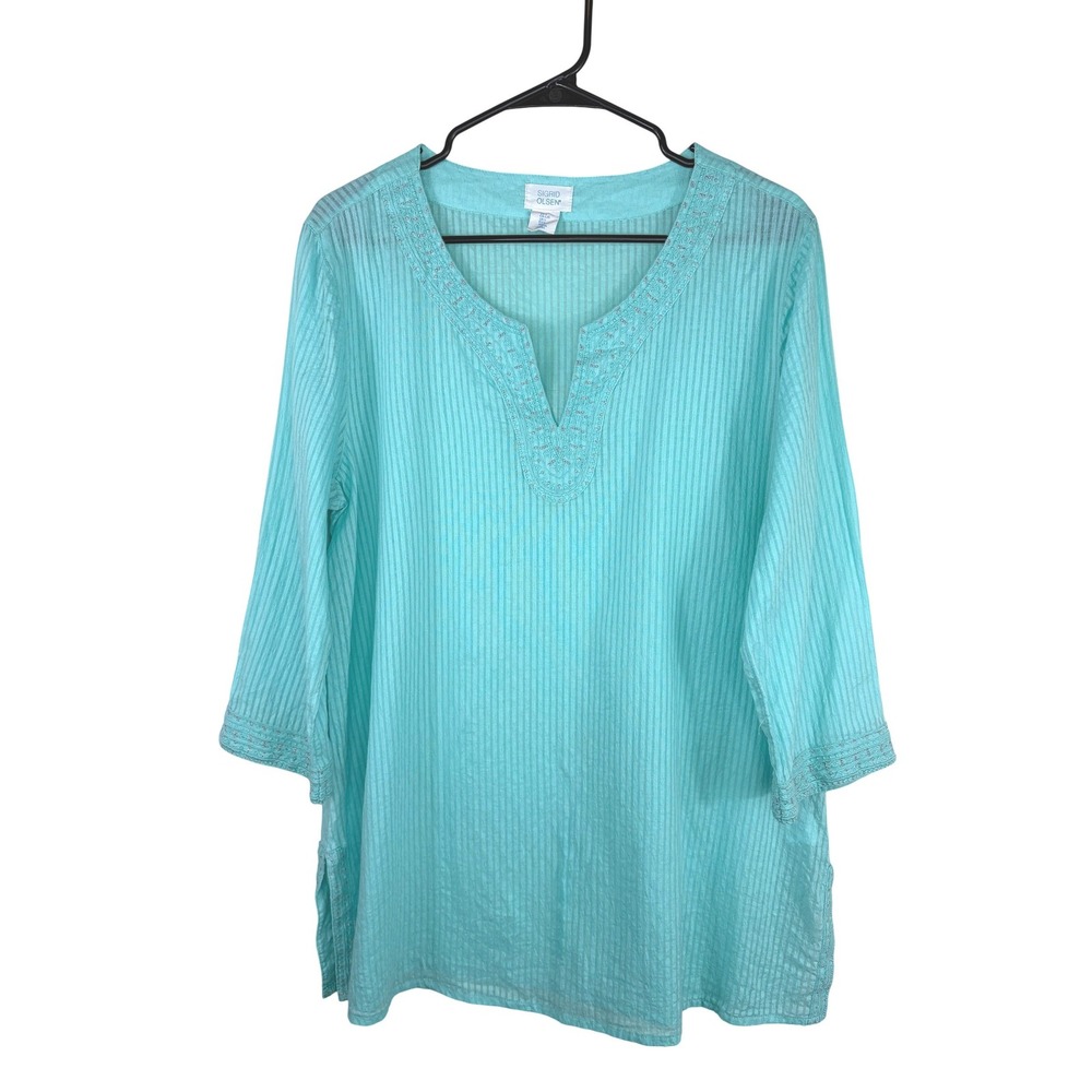 Sigrid Olsen 3/4 Sleeve Embroidered Tunic‎ Top Teal Women's Large Boho Preppy